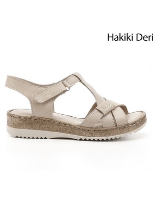 Kadın Bej Cırt Bantlı Hakiki Deri Sandalet