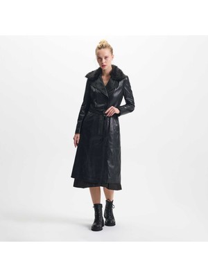 Tergan Siyah Hakiki Deri Kadın Hakiki Deri Trençkot - K25KDM320477-Q3H