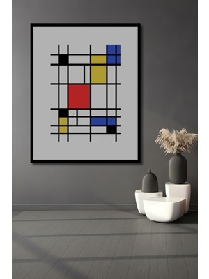 Teona Ahşap Dekoratif Ahşap Dikdörtgen Tablo Mondrian Ilhamı Çerçeve Görünümlü