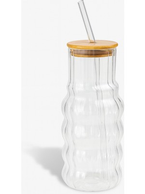 Perla Ev Bambu Kapaklı Cam Dalgalı Şişe 1.2 L – Pipetli Detoks ve Soğuk Içecek Şişesi
