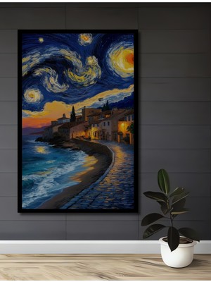Teona Ahşap Çerçeve Görünümlü Van Gogh Yıldızlı Gece Dekoratif Ahşap Mdf Tablo Dikdörtgen Tablo
