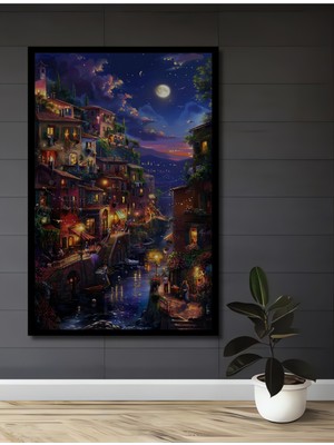 Teona Ahşap Çerçeve Görünümlü Romantik Gece Manzarası Dekoratif Ahşap Mdf Tablo Dikdörtgen Tablo