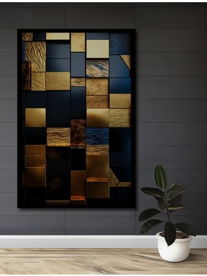 Teona Ahşap Çerçeve Görünümlü Altın Geometrik Modern Ahşap Mdf Dekoratif Tablo Dikdörtgen Tablo