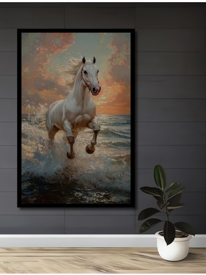 Teona Ahşap Çerçeve Görünümlü Denizde Koşan Beyaz At Ahşap Mdf Dekoratif Tablo Dikdörtgen Tablo