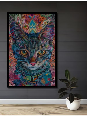 Teona Ahşap Çerçeve Görünümlü Renkli Kedi Soyut Sanat Dekoratif Ahşap Mdf Tablo Dikdörtgen Tablo