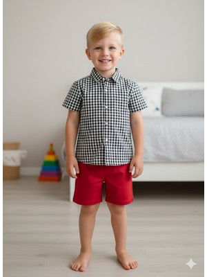 Atelier Des Reves Erkek Çocuk Siyah Beyaz Kareli Gömlek Kırmızı Şort Takımı