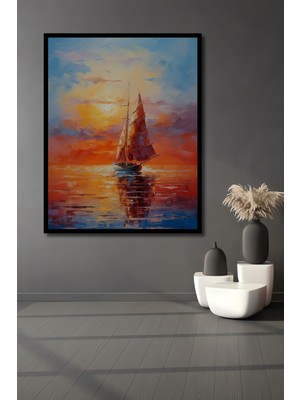 Teona Ahşap Çerçeve Görünümlü Gün Batımında Yelkenli Dekoratif Ahşap Mdf Tablo Dikdörtgen Tablo