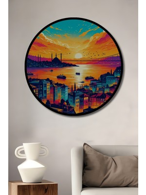 Teona Ahşap Çerçeve Görünümlü Istanbul Boğazı Gün Batımı Dekoratif Ahşap Mdf Tablo Yuvarlak Tablo