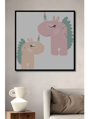 Teona Ahşap Dekoratif Ahşap Dikdörtgen Tablo Pembe Unicornlar Çerçeve Görünümlü