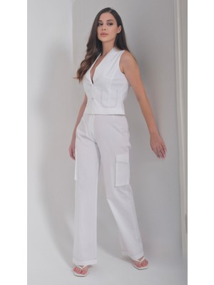 Kadın Körük Cepli Dikiş Detaylı Beyaz Pantolon