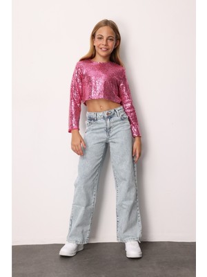 Le Mabelle Fuşya  Uzun Kollu Pullu Kız Çocuk Crop Bluz