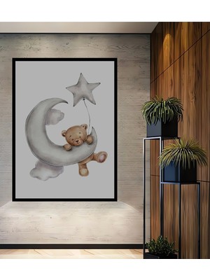 Teona Ahşap Dekoratif Ahşap Dikdörtgen Tablo Ayı ve Yıldız Bulutu Çerçeve Görünümlü