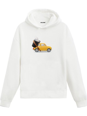 Colermi Kahve Araba Minimal Baskılı Unisex Kapüşonlu Sweatshirt Hoodie