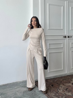 Pophlin Bej Omuz Detaylı Büzgülü Modal Takım