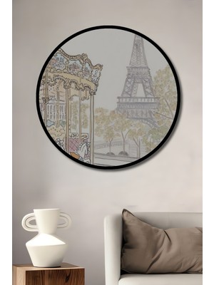 Teona Ahşap Dekoratif Ahşap Yuvarlak Çerçeve Görünümlü Tablo Dönme Dolap ve Eyfel Kulesi