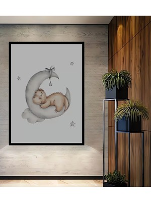 Teona Ahşap Dekoratif Ahşap Dikdörtgen Tablo Uyuyan Dinozor Ay Çerçeve Görünümlü