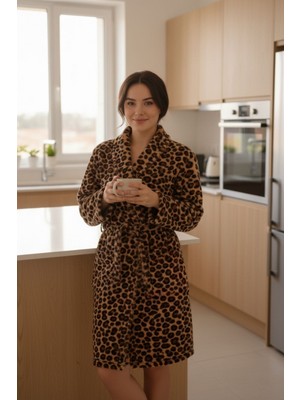 Mislina Home Lumor Şal Yaka Wellsoft Peluş Yumuşak Sabahlık  | Leopar S/m