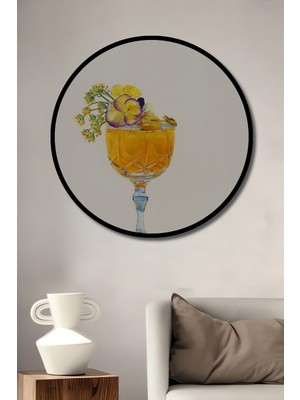 Teona Ahşap Dekoratif Ahşap Yuvarlak Çerçeve Görünümlü Tablo Turuncu Çiçekler Şarap Kadehi