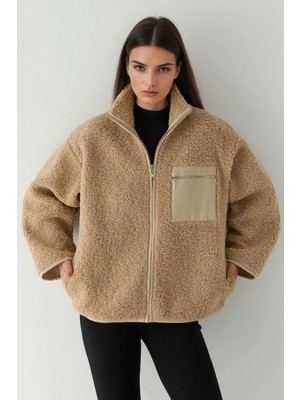 Hiccup Kadın Cep Detaylı Kalın Yumuşak Peluş Mont Açık Gri