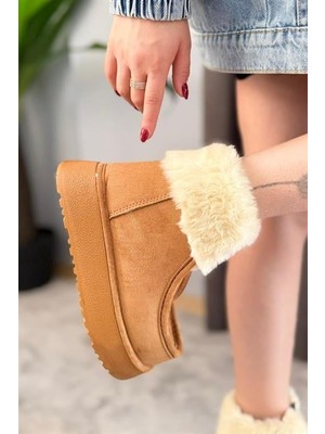 Les Passent Kadın Impera Taba Süet Kürklü Fermuarlı 4 cm Kalın Tabanlı Kısa Bot