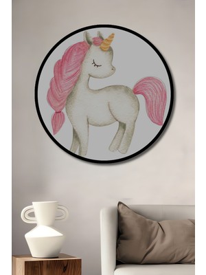 Teona Ahşap Dekoratif Ahşap Yuvarlak Çerçeve Görünümlü Tablo Pembe Yeleli Unicorn