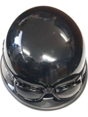 Ebakbak Motosiklet ve Bisiklet Yarım Kask Retro Gözlüklü Chopper Cruiser Kaskı Parlak Black