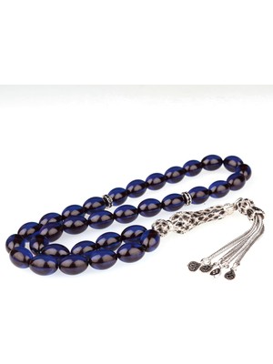 925 Ayar Gümüş Zirkon Taşlı Püsküllü Mavi Renk Ateş Kehribar Tesbih