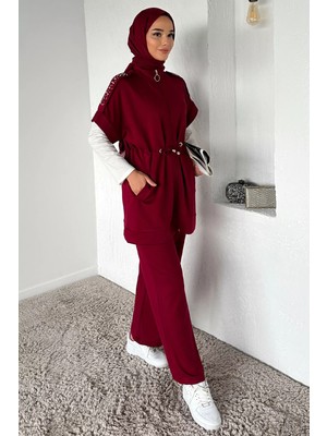 Julude Bel Lastikli Pantolon Taş Işlemeli Tunik Bluz Tesettür Üçlü Takım P-00018912