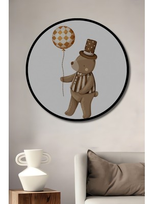 Teona Ahşap Dekoratif Ahşap Yuvarlak Çerçeve Görünümlü Tablo Balon Tutan Ayıcık