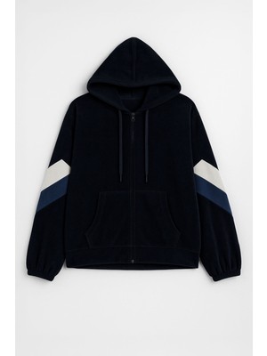 Markapia Kadın Fermuarlı Kapüşonlu Cepli Lacivert Polar Sweatshirt