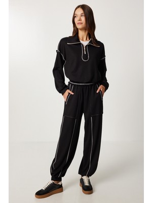 Happiness İstanbul Kontrast Şeritli Örme Alt-Üst Takım LDM0008 Siyah