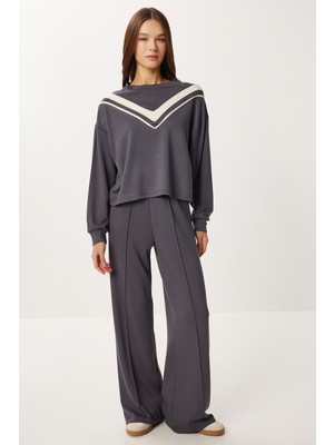 Happiness İstanbul Kontrast Şeritli Modal Alt-Üst Takım LZV0037 Füme