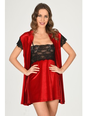 Çamaşır Kenti Kırmızı Kadife Sabahlık & Gecelik Takım 2' Li - 1428