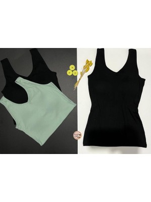 Veloure Kadın Atlet Sütyenli V Yaka Modal 1 Adet Siyah, 1 Adet Yeşil Pedli Atlet-Bluz-T-Shirt (Kota)