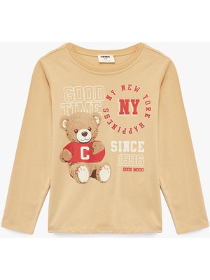 Koton Ayıcık Baskılı Uzun Kollu Bisiklet Yaka Pamuklu Tişört