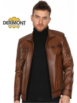 Hakiki Deri Kahverengi Casual Omuz Işlemeli Erkek Deri Ceket