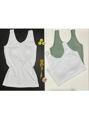 Veloure Kadın Atlet Sütyenli V Yaka Modal 3 Adet  Beyaz Renk Pedli Atlet-Bluz-T-Shirt (Kota)
