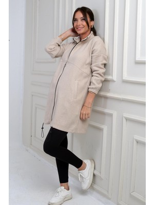 By Saygı Kadın Önü Fermuarlı Altı Lastikli Cepli Uzun Kaşe Mont