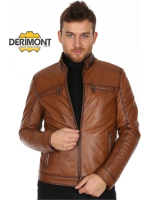 Hakiki Deri Taba Erkek Deri Mont Dört Cepli Fermuarlı Deri Ceket