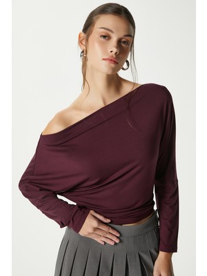 Ritnice Kadın Grace Asimetrik Omuz Detay Mürdüm Bluz