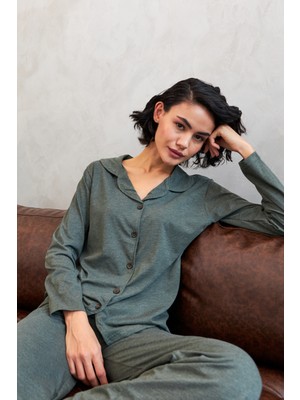 Akbeniz Kadın Haki Düğmeli Pamuklu Pijama Takımı