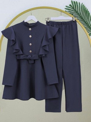 Mac Moda Düğme Detaylı Dik Yaka Omuzu Fırfırlı Scuba Takım