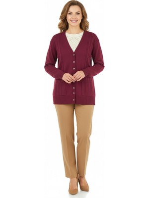 Oppland Kadın Kışlık Örgü Desenli Düğmeli Çift Cepli Uzun Kollu Normal Kesim Likralı Kardelen Dokuma Anne Hırka