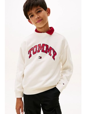 Tommy Hilfiger Erkek Çocuk Regular Kalıp Kolej Stili Baskılı Sweatshirt - Kırık Beyaz