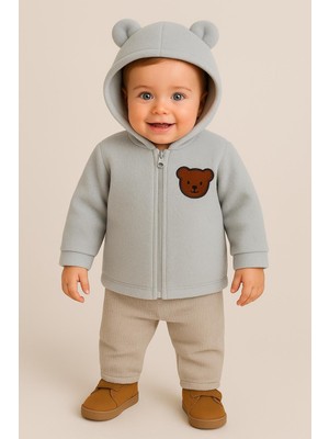 Nevrankids Gri Peluş Mont Bebek Welsoft Ayı Kulaklı Modeli Fermuarlı Özellikli