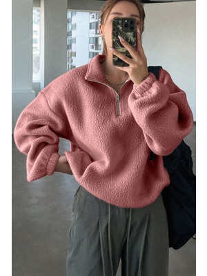 Ghassy Co. Kadın Ultra Isı Peluş Sherpa Oversize Yarım Metal Fermuar Lastik Ayarlı Polar Sweatshirt