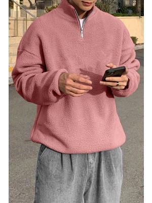 Ghassy Co. Erkek Ultra Isı Peluş Sherpa Oversize Yarım Metal Fermuar Lastik Ayarlı Polar Sweatshirt