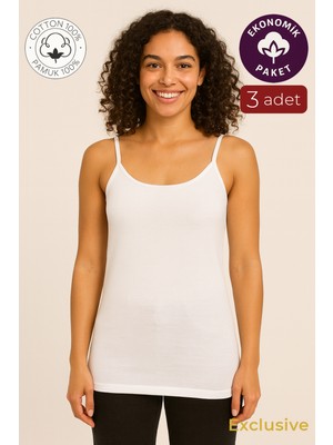 Kompedan Kadın Pamuklu Ribana İp Askılı Klasik Atlet 3'lü Paket – Esnek & Rahat | Beyaz K0107