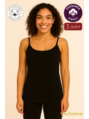 Kompedan Kadın Pamuklu Ribana İp Askılı Klasik Atlet 3'lü Paket – Esnek & Rahat | Siyah K0107