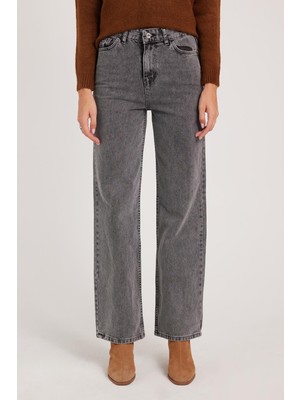 Tudors Kadın Regular Fit Klasik Kesim Pamuklu Bol Paça Antrasit Jean Pantolon